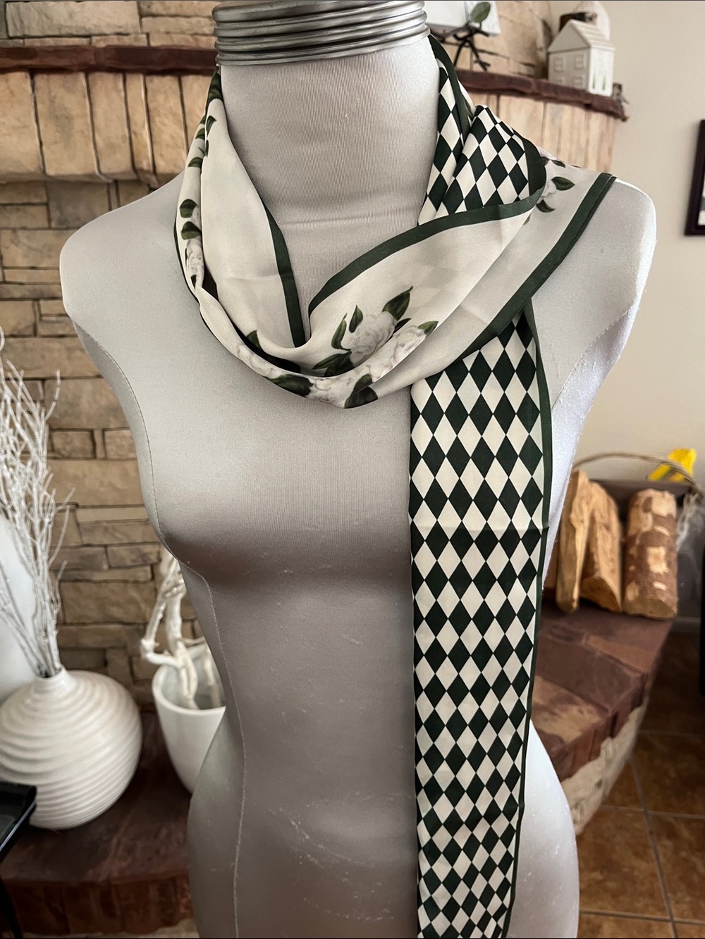 Green White Floral Harlequin Neck or Head Scarf - Picture 3 of 4